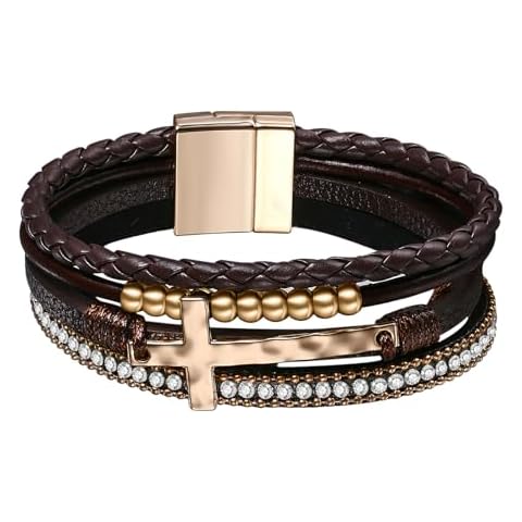 Aroncent Cross Leather Wrap Bracelet: Boho Cuff Leather Multi-Layer Cross Bracelet Crystal Rhinestones Bead Bangle Christian Jewelry for Women Men Cover