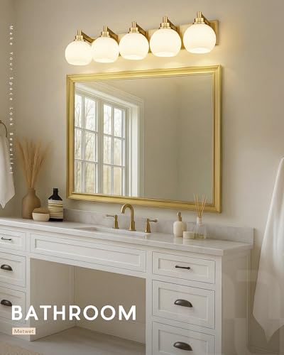 Image of Bathroom Light Fixtures, 5-Light Brushed Gold Bathroom Vanity Lights Over Mirror with Globe Milk White Glass Shade, 32 Inch Modern Vanity Lighting Fixtures, VL195-BG-ML-5