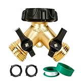 LIULO TOOL Brass Garden Hose Splitter 2 Way, Hose Y Splitter 3/4 Inch Heavy Duty Brass Hose Connector Tap Splitter, Hose Spigot Adapter 2 Valves with Rubber Washers (1 Pack)