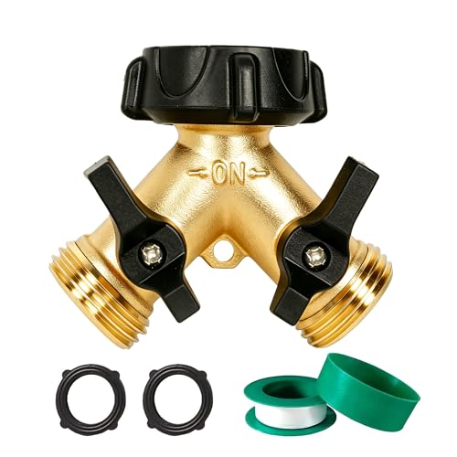 LIULO TOOL Brass Garden Hose Splitter 2 Way, Hose Y Splitter 3-4 Inch Heavy Duty Brass Hose Connector Tap Splitter, Hose Spigot Adapter 2 Valves with Rubber Washers (1 Pack)