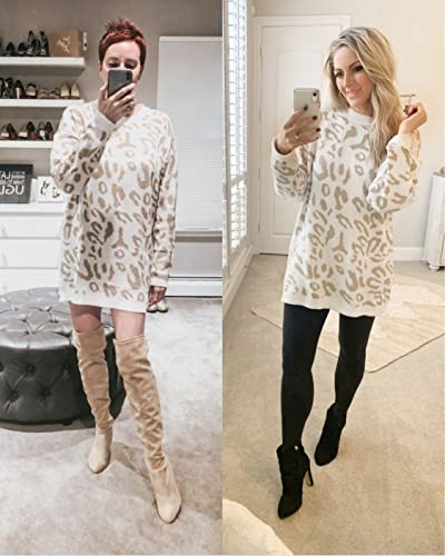 Ecowish Women's Oversized Leopard Sweater Dress Long Sleeve Casual Camouflage Print Knitted Pullover Tunic Sweaters Jumper Tops White Small #TOP4