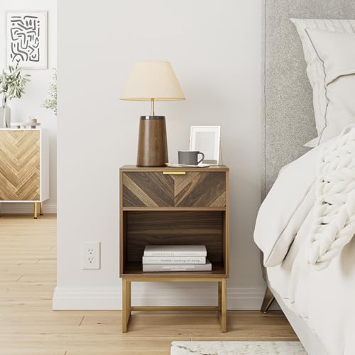 Image of Masupu Extra Large Nightstand,Boho Night Stand Modern Farmhouse Wood Bedside Table with Storage Drawer and Open Shelf,Side End Table for Bedroom,Living Room,Office Brown