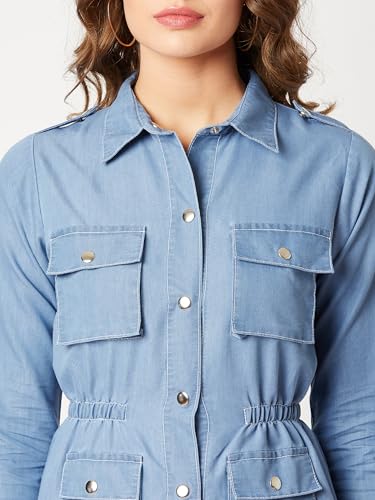 Image of Miss Chase Women's Polo Neck Full Sleeves Patch Pocket Denim Overcoat Knee-Length Jacket