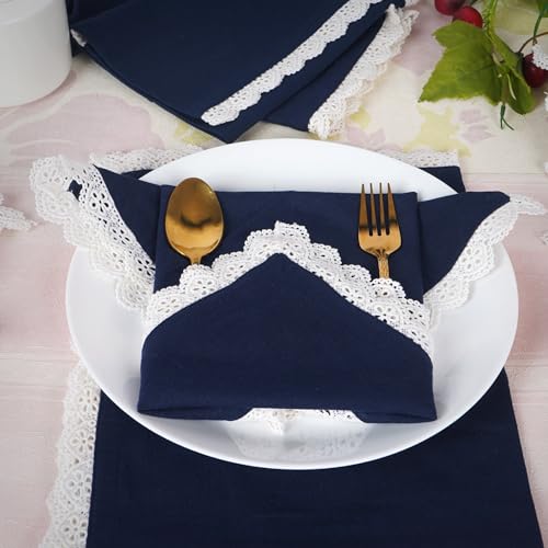 Image of FINGERCRAFT Cloth Napkins Set of 6, 20x20 Inch, Cotton Linen Blend Table Napkins with Premium White Lace Edge, Reusable Washable Dinner Napkins for Wedding, Festive Dining, Parties & Home Decor (Navy)