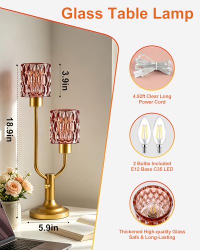 Image of Lightdot Mid Century Modern Table LampVintage Lamp Red Glass Gift Dimmable | Nightstand Lamp Gold Desk Lamp 2 Bulbs Included Warmwhite Ambient Bedside Lamps for Living Room Bedroom Girls Room Home Decor