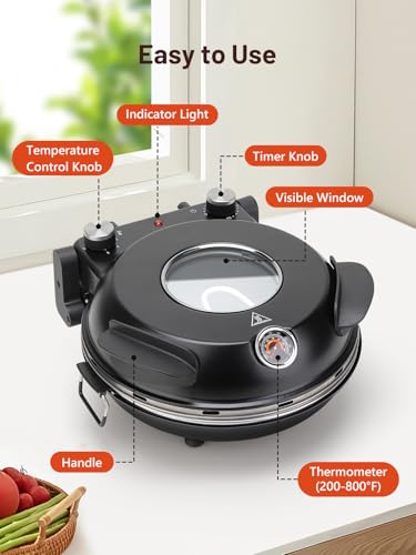 Image of KEENSTAR Pizza Oven Indoor 12-Inch, Countertop Glazed Ceramic Stone Pizza maker with Adjustable Timer, 1200W Heat up to 800F, Electric Pizza Cooker with Viewing Window Baked Pizzeria Style at Home