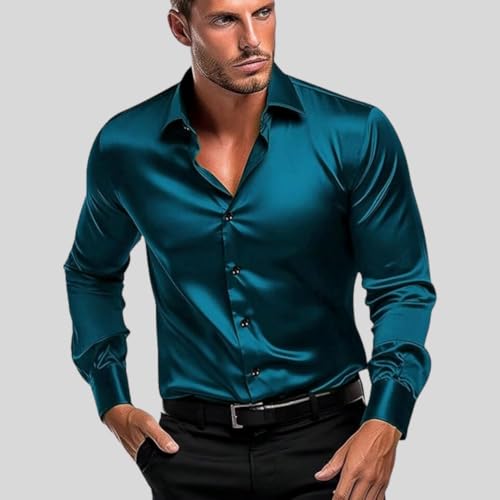 Image of IndoPrimo Men's Satin Shirt with Spread Collar Neck Line Solid Pattern Full Sleeves Regular Fit Western Style and Standard Length