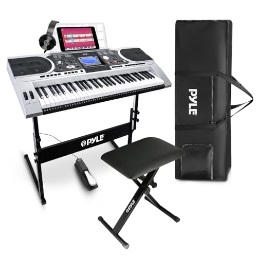 Pyle Keyboard für Anfänger, 61- Tasten E-Piano mit Pitch Bend & Vibrato, Inkl. Ständer, Hocker, Sustain-Pedal, Kopfhörer & Tragetasche, LCD- Display, Klavierlektionen für Kinder & Erwachsene