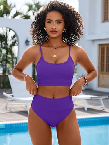 Image of ANRABESS Women's High Waisted Bikini Sets,Color Block 2 Piece Swimsuits,Tummy Control Bathing Suits,Thick Ribbed Beach Wear
