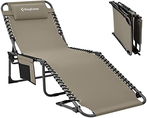 KingCamp Folding Chaise Lounge Chair for Outside Beach, Sunbathing, Patio, Pool, Lawn, Deck, Lay Flat Adjustable 5-Position Portable Heavy-Duty Camping Reclining Lounge Chair with Pillow, Beige