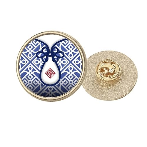 Broche ronde métal doré motif fleur bleue style chinois taille M