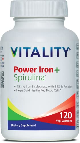 VITALITY Power Iron + Spirulina | 45mg Iron | Blood Builder | Iron Deficiency Support | Vegan | All Natural Supplement | Gentle on Stomach | (120 Count (Pack of 1))