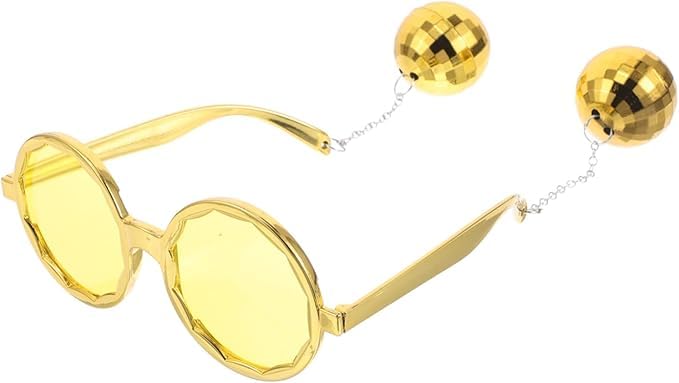 jokeshop Disco Ball Glasses Funny Party Sunglasses Retro 70s Disco Ball Party Silver Chain Glasses With Chain Ball Fancy Dress Party (Gold)