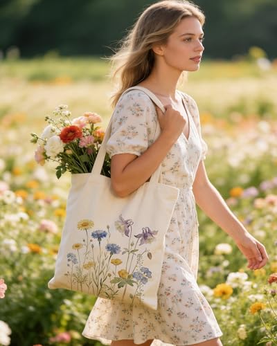 Image of Aesthetic Canvas Tote Bag for Women with Magnetic Buckle and Zipper Inner Pocket