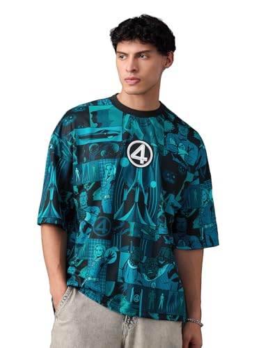 Image of The Souled Store Marvel: Team-Up Men and Boys Short Sleeves Round Neck Blue Graphic Printed Polyester Oversized Jersey
