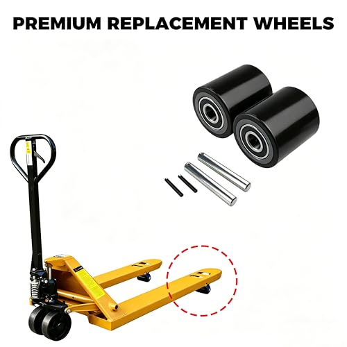 Image of Heavy Duty Pallet Jack Load Wheels Replacement Kit (2 Pairs / 4 Wheels) - 3 inch x 3.75 inch (74.5mm x 93mm) Polyurethane Tread, Pre-Installed 20mm Bearings w /Axles & Pins (Black)