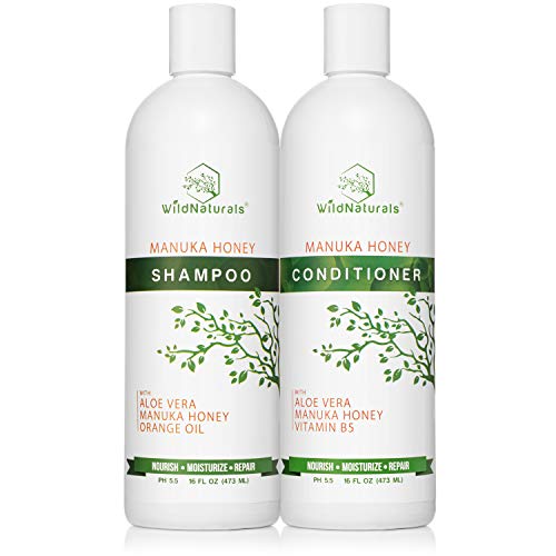Wild Naturals Sulfate Free Shampoo : Conditioner Set, With Manuka Honey + Aloe Vera, For Hair Loss, Thinning Hair and Itchy Dry Scalp. Anti Dandruff, Moisturizing, 98% Natural, 80% Organic Plant-Based