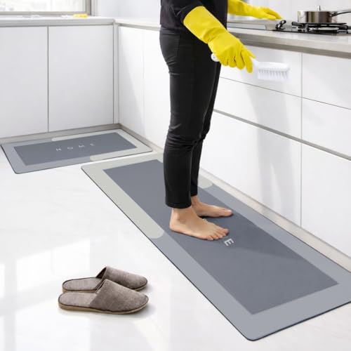 2Pcs Kitchen Mat Set with Shoes Brush & Gloves Kitchen Mat Floor Non Slip Kitchen Rug with Natural Rubber Backing Water Absorbent Washable Floor Mat(4060cm 40120cm Light Gray) Door Mat for Bathroom