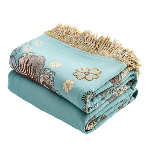Image of VANJOROY Boho Throw Blanket 80 inch x 90 inch, 100% Organic Cotton Breathable Skin-Friendly Ultra Soft Bed Quilt Blue Throw - Floral Rustic Decor Luxury Reversible Blanket for Sofa Couch Chair and Gift,