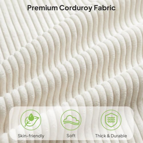 Image of Queen Size Bed Frame with 55.3 inch Tall Headboard, Corduroy Upholstered,Cream