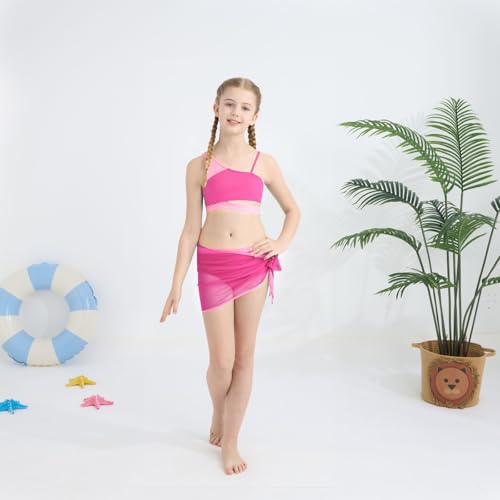 Girls Swimsuit 3 Piece Bathing Suits Bikini Set with Beach Cover Up Skirt Girls' Swimwear 7-14T2