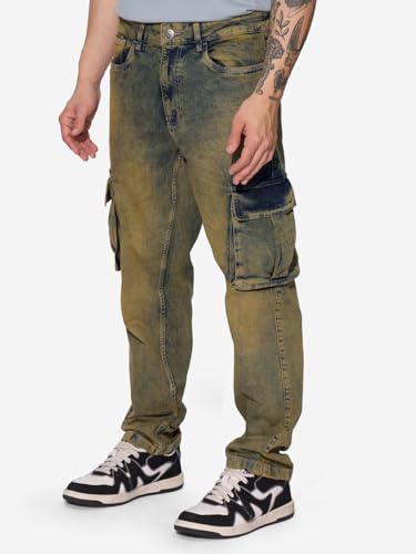 Image of The Souled Store Denim: Washed Green Men and Boys Buttoned Cotton Blend Straight Fit Cargo Jeans