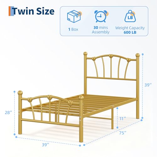 Image of GAOMON Twin Size Metal Bed Frame, Twin Bed Frames for Girls Boys, Twin Heavy-Duty Platform Bed with Heart-Shaped Design Headboard&Footboard, No Box Spring Needed /Noise-Free /Easy Assembly, Gold
