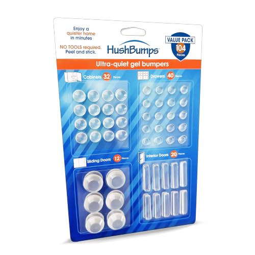 HushBumps Ultra-Quiet Gel Bumpers 104 Piece Variety Pack Multi-Layer Polyurethane Absorbs Shock & Dampens Sound Protect & Quiet Cabinets Drawers Interior Doors & Sliding Doors