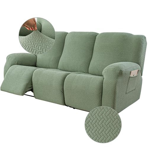 Image of Genina Recliner Sofa Covers - Stretch Reclining Couch Covers with Stripe Jacquard - 3 Seat Cushion Slipcovers with Soft Fabric - Furniture Protector for Pet Kid (Matcha Green)