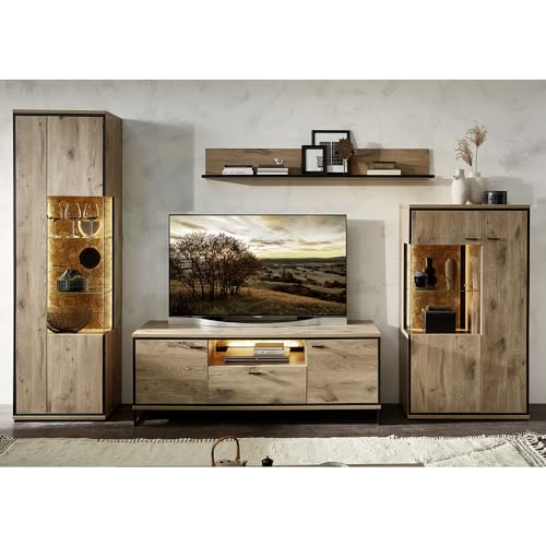 Lomadox Wohnwand TV-Wand inkl. Beleuchtung braun 4-teilig Modern, 1 Vitrine, 1 Highboard, 1 Wandboard, 1 Lowboard