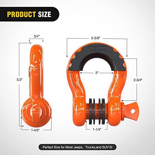 Image of Nilight 2 Pack 3 /4 inch D-Ring Shackle 4.75 Ton (9500 Lbs) Capacity with 7 /8 inch Pin Heavy Duty Off Road Recovery with Isolators & Washer Kit for Jeep Truck Vehicle, Orange (90051B)