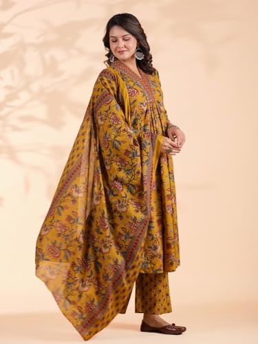 Image of Vbuyz Women Floral Print With Mirror Work Cotton Kurta Palazzo With Dupatta