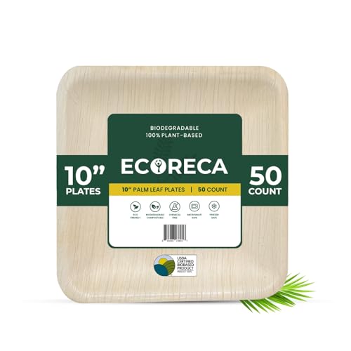 ECORECA 50-Pack Biodegradable Palm Leaf Dinnerware Set | 10-Inch Square Plates |Eco-Friendly and Microwave Safe |Disposable Plates- Design for Wedding, Parties,BBQ,Events