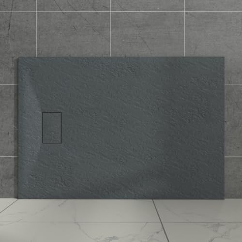 Image of Aquariss Anthracite Rectangular Shower Tray Slate Effect SMC Slip-Resistant Shower Base for Bathroom Enclosures 1200x900mm with Waste