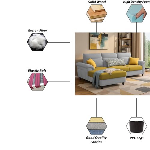 Image of Casaliving Seams LHS 4 Seater L Shape Sofa for Living Room (Yellow Grey Fabric) Premium Fabric Sofa