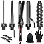 5 in 1 Curling Iron with Thermal Brush and Interchangeable Ceramic Barrels (0.35"-1.25"), Curling Wand Set with Flat Iron Hair Straightener Instant Heat Up Dual Voltage Hair Curler Gifts for Women
