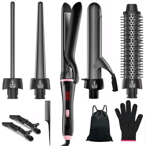 5 in 1 Curling Iron Set with Thermal Brush & Interchangeable Ceramic Barrels (0.35-1.25 Inch), Hair Curling Wand with Flat Iron Straightener, Fast Heat Up Dual Voltage Hair Curler for Women Travel Gift
