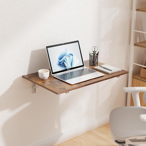 Image of Floating Desk for Home, Office, Study, Kitchen, and Dinner Computer Bar Laundry Room Wall Mounted Folding Table Wall Mounted Folding Desk for Space Saving (Teak)