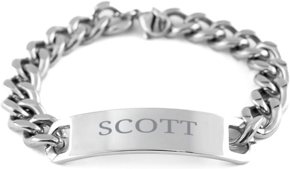 Gifts For Scott - Trendy Custom Name ID Plate Cuban Chain Stainless Steel Bracelet Christmas Birthday Gifts For Son Brother Dad Husband Grandson Uncle Friends Boy Teanager Men, Engraved Adjustable