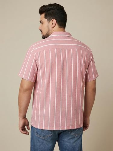 Image of Urbano Plus Men's Cotton Half Sleeve Relaxed Fit Linen Striped Shirt with Cuban Collar