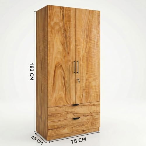 Image of FFO Keris 2 Door Wooden Wardrobe with 2 Drawers, Hanging Rod & Storage Shelves | Modern Clothes Almirah Cabinet with Lock & Black Handles for Home Coach Wood DIY.