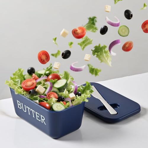 Image of Kyraton Large Plastic Butter Dish with Lid and Knife, Food Grade PP Butter Holder Keeper with Cover for Kitchen Refrigerator Butter Container (Blue)