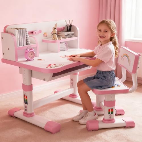 Tifemap Silla Escritorio Infantil Regulable en Altura, Escritorio Niña y Escritorio Niño, Pupitre Infantil con Cajón y Estantería