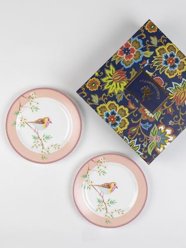 Image of GOLDEN QUEEN'S Snack Plates Set of 4 | Perfect for Snacks, Desserts, Appetizers, Salads, Tapas, Cheese | 7 inches Wide | Microwave Safe (Birdie in Pink)