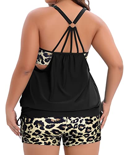 Holipick Leopard and Black Tankini Swimsuits for Women Two Piece Tummy Control Bathing Suits Blouson Tankini Top with Sporty Boy Shorts M - Image 6