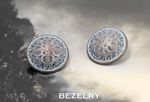 Bezelry 12 Pieces Flowery Engraving Copper Blue Openwork Metal Shank Buttons 18mm (11/16 inch)