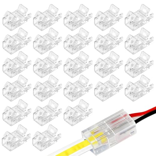 Toaluea 20 Stück LED Strip Connector 2 Polig 8mm, COB LED lötfrei Streifenverbinder, 2pin Streifen Verbinder Transparent für SMD 3528 2835 5050 5630 Einfarbige 5V 12V 24V