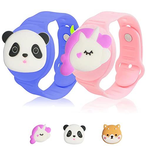 AirTag Lot de 2 bracelets pour enfants Fhtase Air Tag DIY - Mignon dessin animé - Enfant caché - Réglable - Bracelet en silicone pour enfants (rose, bleu) Cover