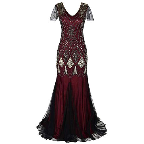 Women Vintage 1920s Fringed Flapper Gatsby Beaded Sequins Art Deco Evening Party Dress Sexy V Neck Mermaid Hem Cocktail Formal Plus Size Maxi Long Prom Gown with Sleeve Burgendry + Gold 2X-Large