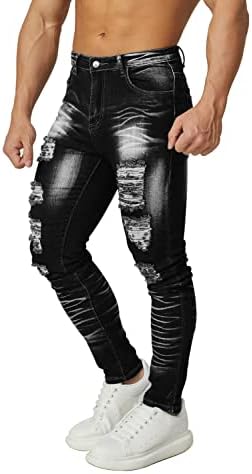 HUNGSON Men's Stretchy Ripped Skinny Jeans Taped Slim Fit Denim Jeans
